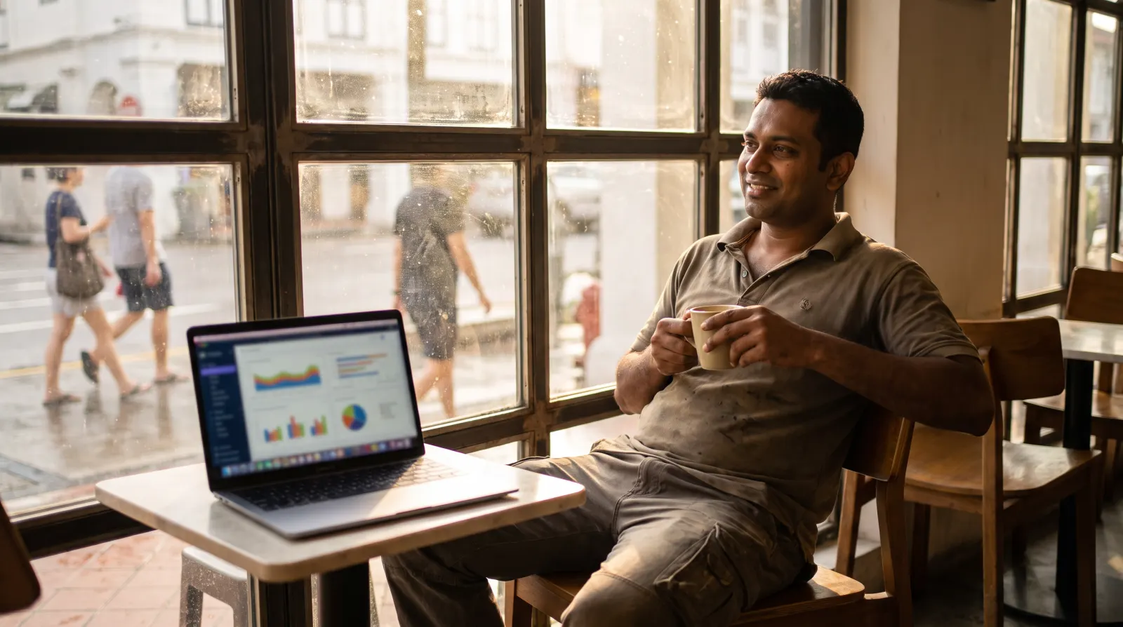A business owner relaxing with a coffee while the analytics dashboard is open on his laptop
