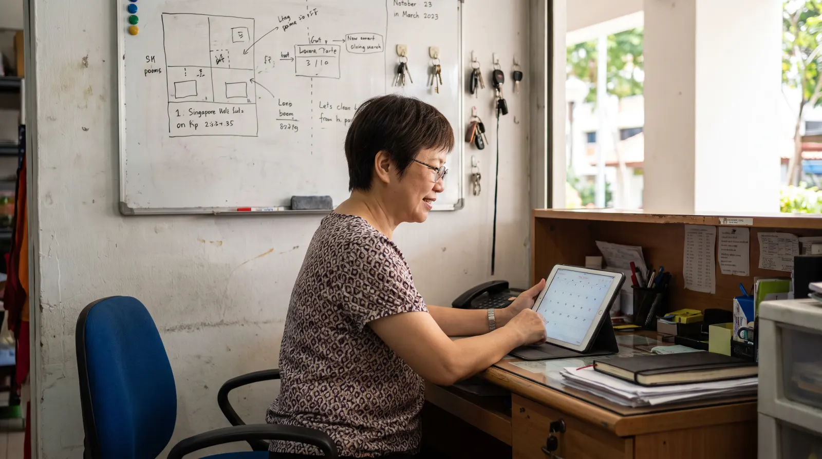 A service business owner checking the week's bookings on a tablet in her office