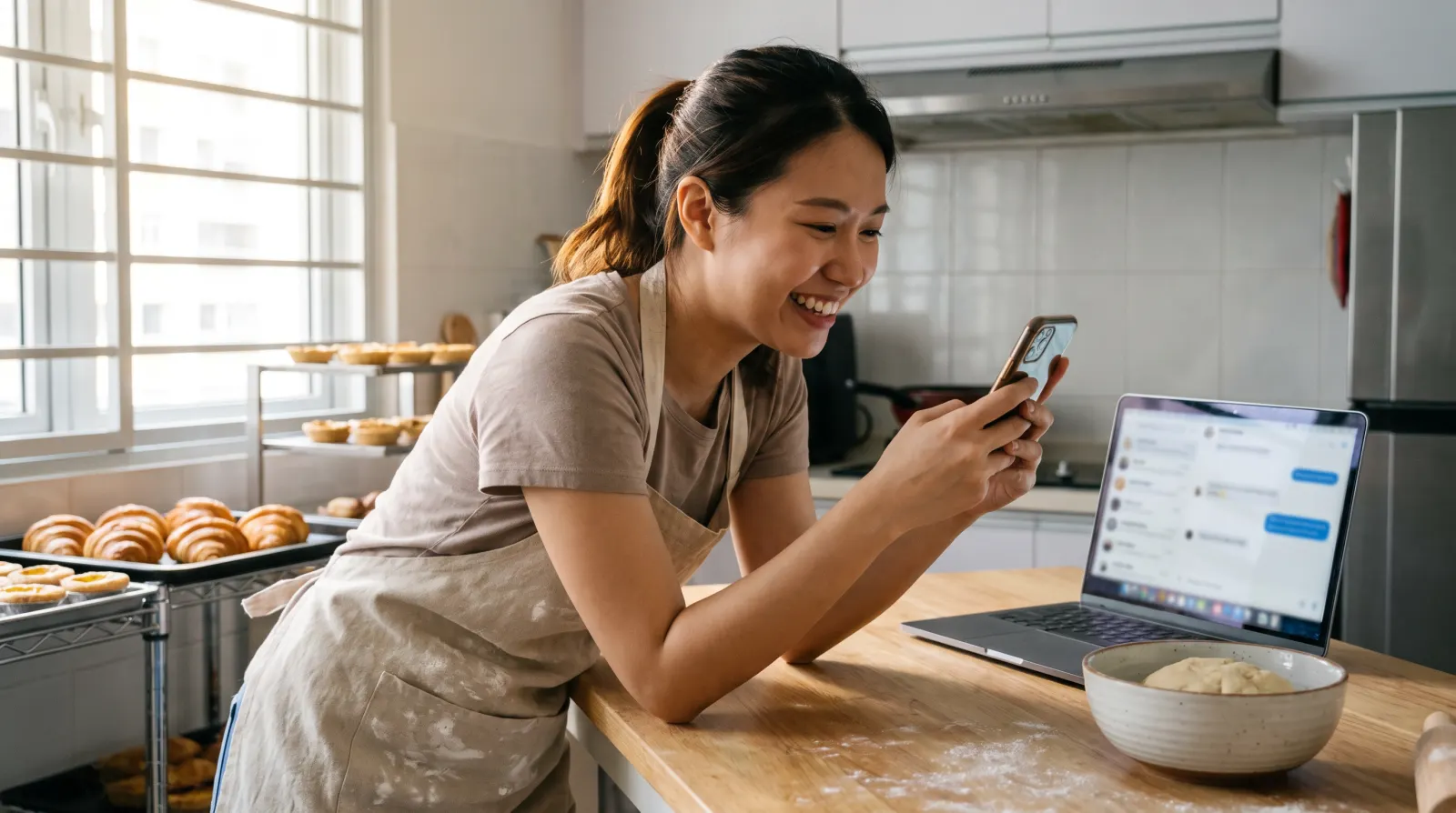 A home baker smiling at her phone as enquiries come in, the inbox open on her laptop