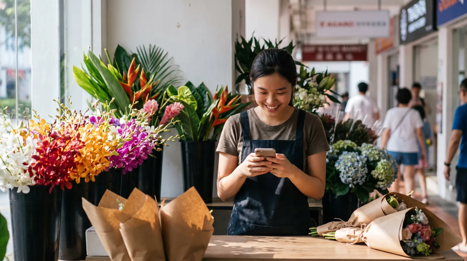 A florist behind her counter smiling at a payment on her phone