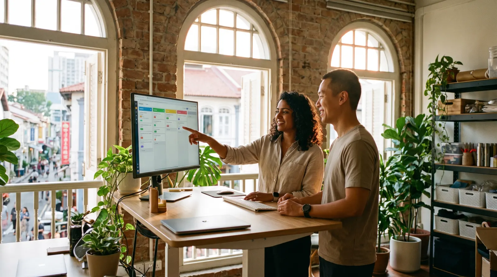 Two co-founders pointing at the sales pipeline on a large screen in their shophouse office