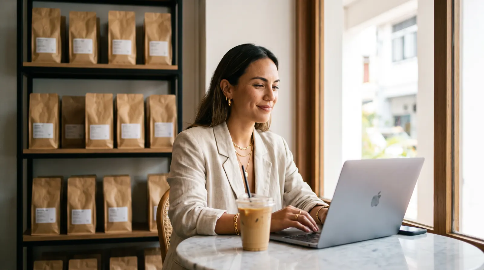 A cafe owner setting up a weekend promotion on her laptop