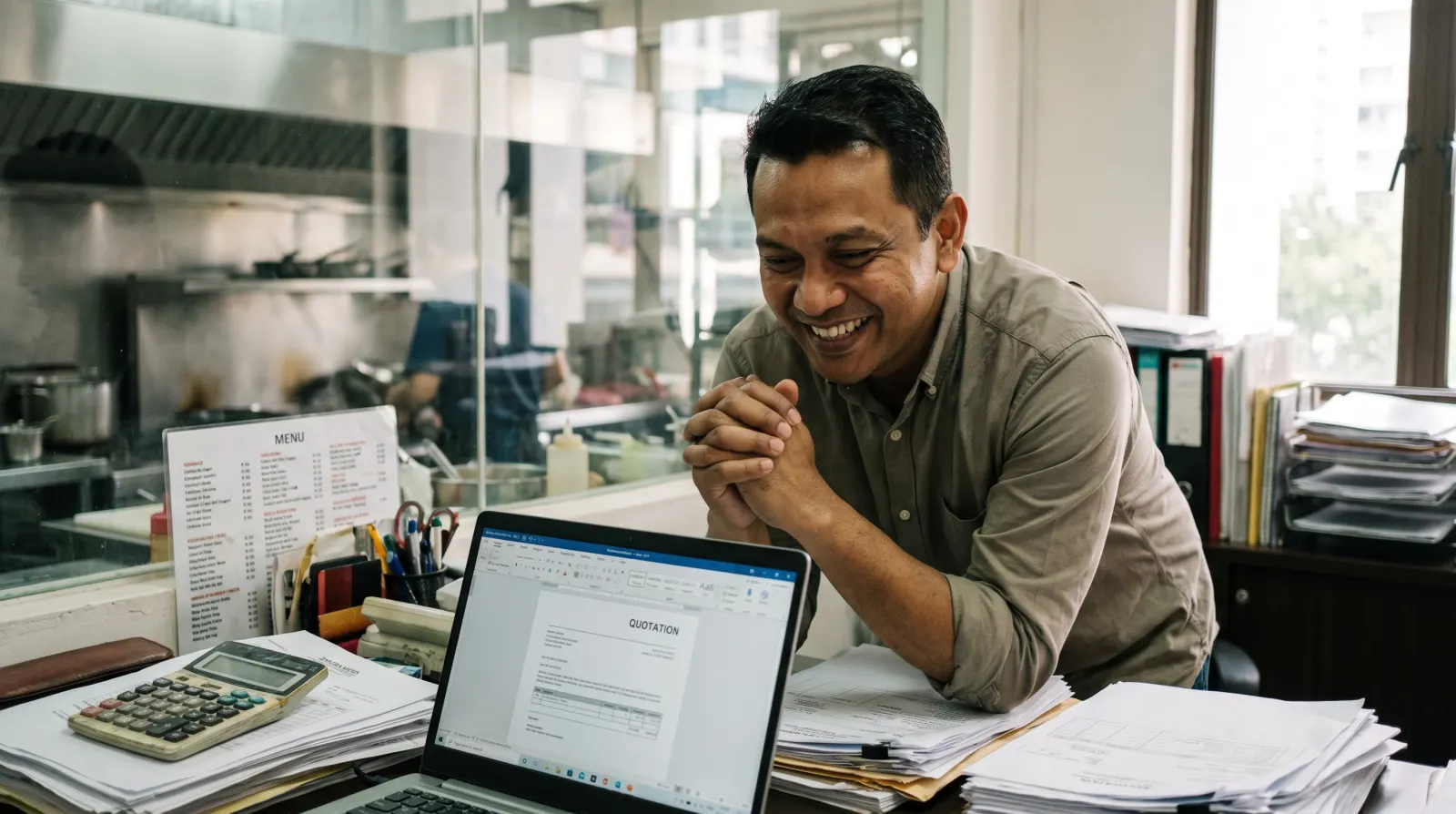 A caterer looking pleased at a finished quotation on his laptop
