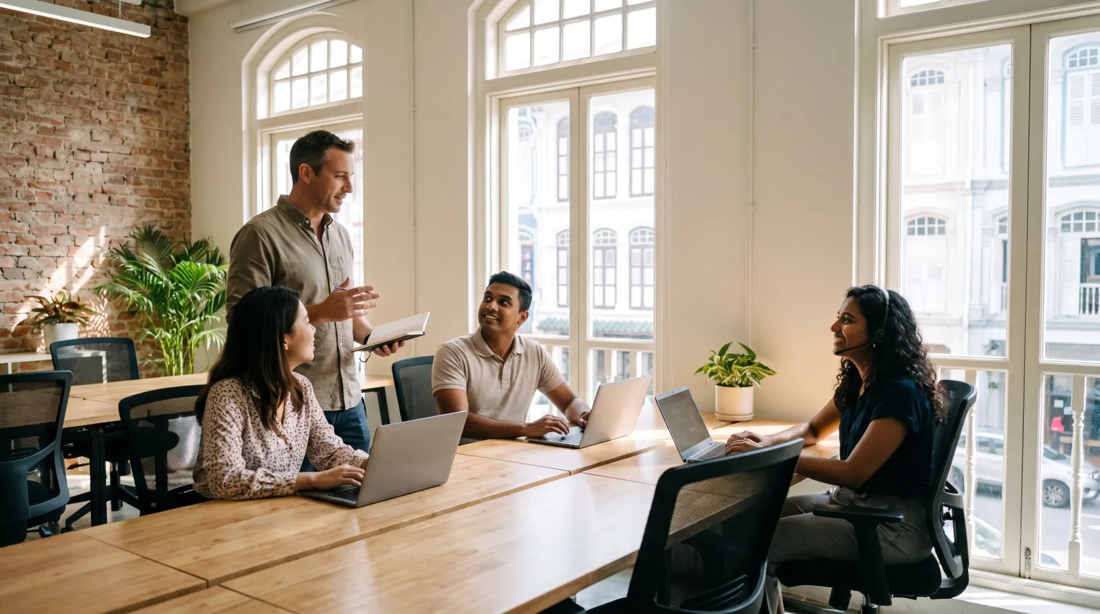 A small team at work together in a bright shophouse office