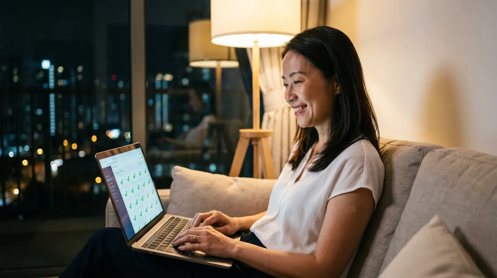 A business owner on her sofa in the evening, calmly reviewing the trust screen on her laptop