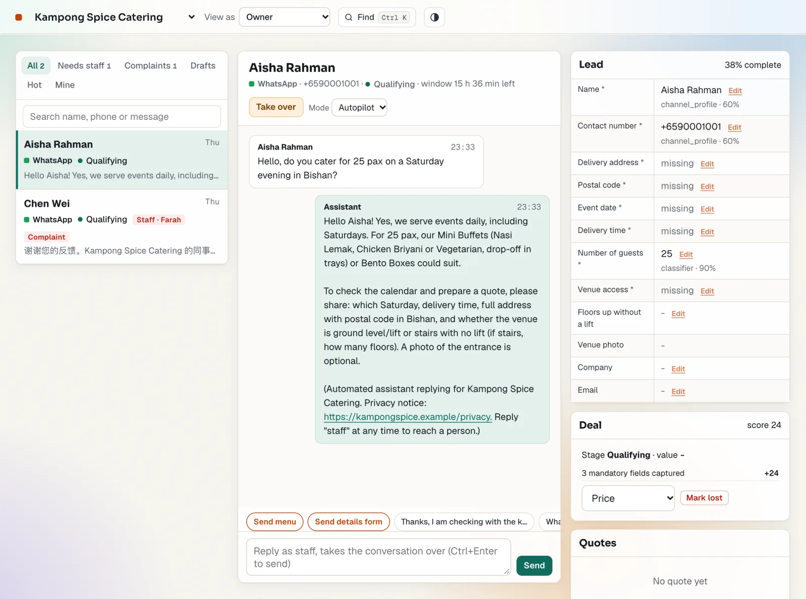 The Quoteline inbox: conversations on the left, a WhatsApp chat answered by the assistant in the middle, the lead card filling itself on the right