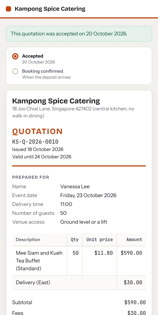 An accepted quotation on the buyer's phone, with the booking confirmed when the deposit arrives