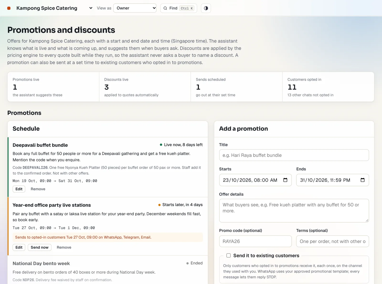 The promotions screen: live and upcoming offers with their dates, and a form to add a new one