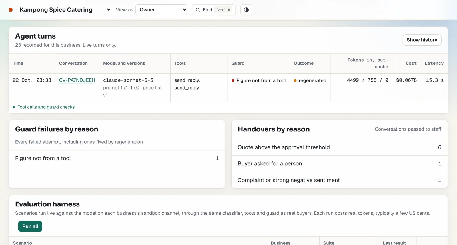 The trust screen: an assistant turn stopped by the guard because a figure did not come from a tool, then regenerated, and handovers by reason