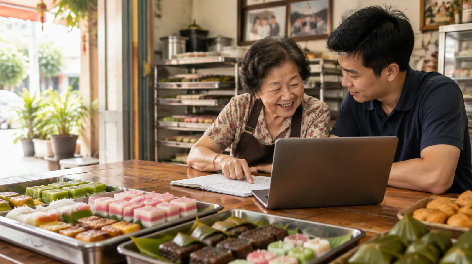 A consultant sitting with an elderly kueh shop owner at her counter, going through her price list on a laptop; she laughs as she points at a line