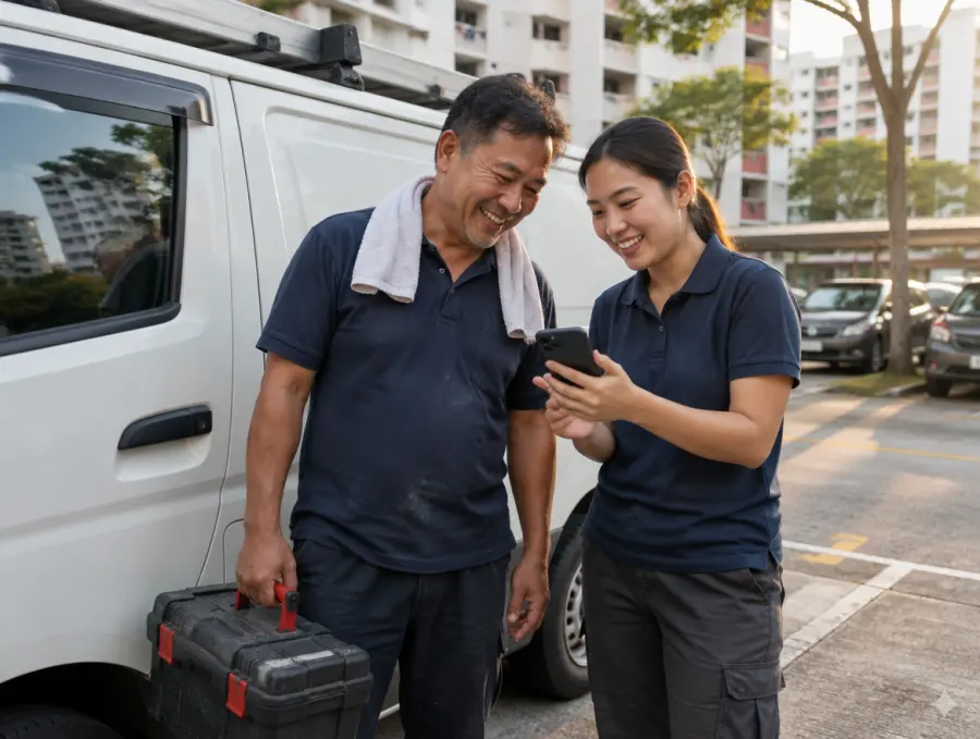 A father and daughter who run an aircon business laughing at a booking on her phone beside their van