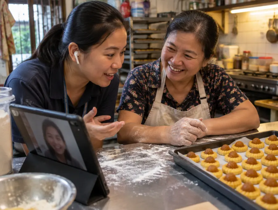 A home baker laughing with a helper beside a tray of pineapple tarts