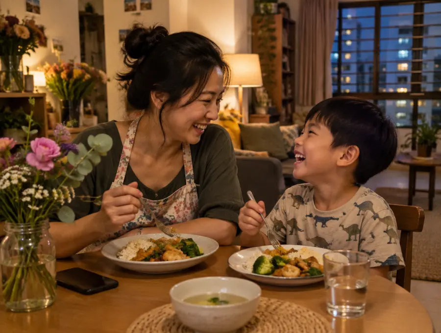 A florist having dinner with her young son at home, her phone face down on the table