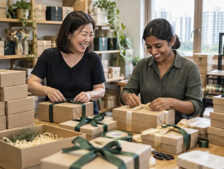A gift shop owner and her staff member packing gift boxes together and laughing