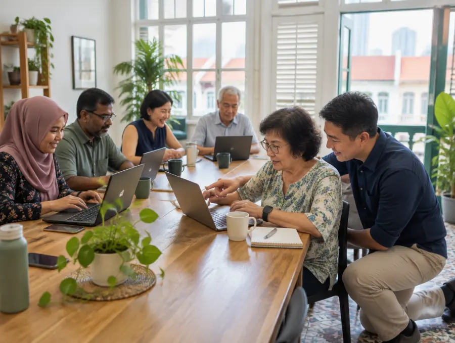 Small business owners around a table with laptops while a helper kneels beside an older participant