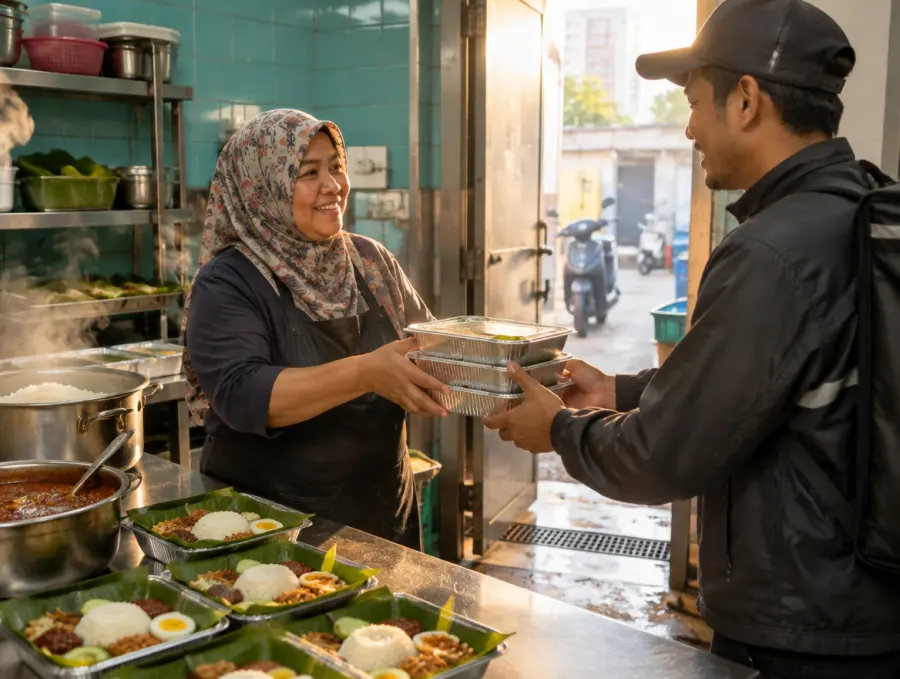 A caterer handing trays of nasi lemak to a delivery driver at dawn