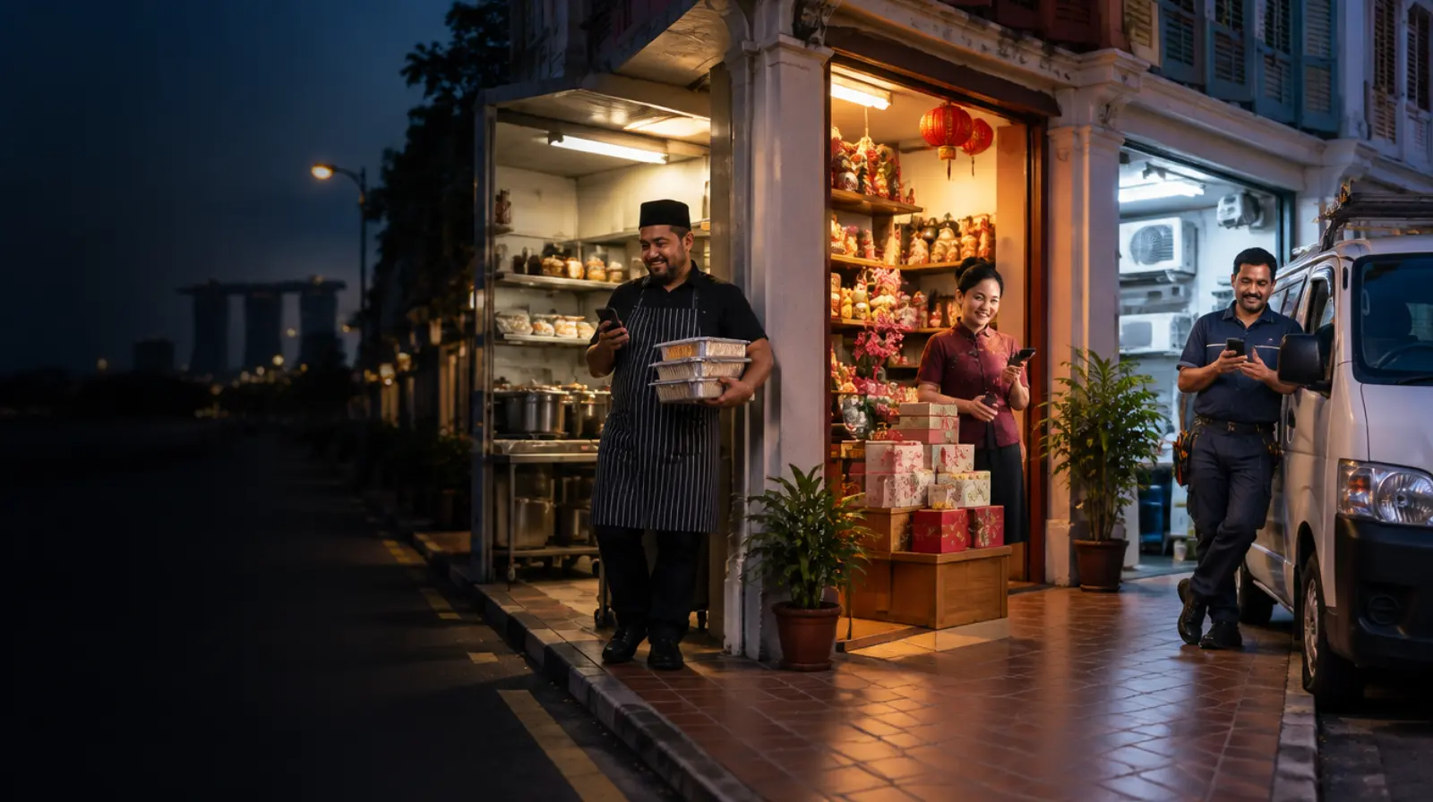 Three small business owners outside their shops at dusk, a caterer, a gift shop owner and an aircon technician, each smiling at a phone